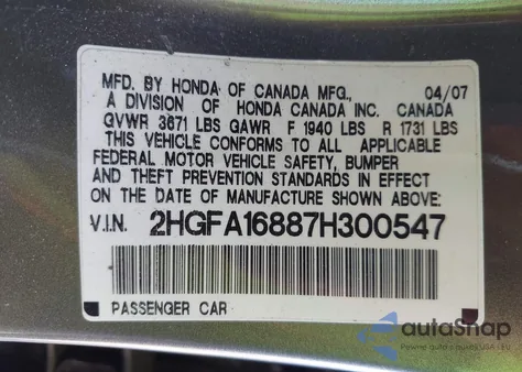 2007 Honda Civic Ex from USA, damaged, VIN 2HGFA16887H300547
